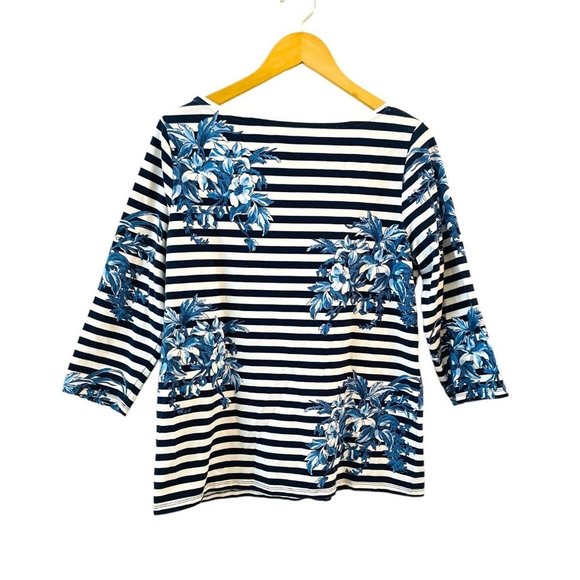 Talbots Classic Crewneck Blue White Floral 3/4 Sleeve Striped Tee Sz 1X - Picture 2 of 6